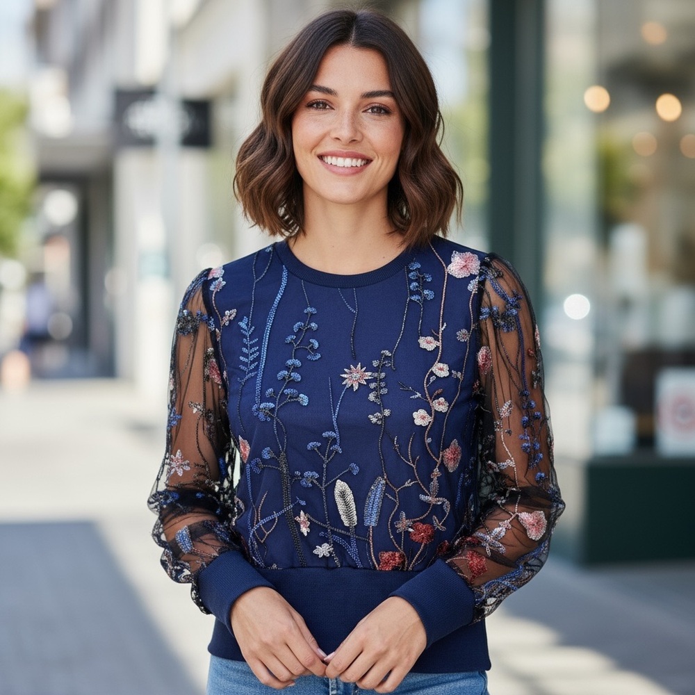 CHICME BLUE EMBROIDERED FLORAL SHEER SLEEVES SWEATER SZ L